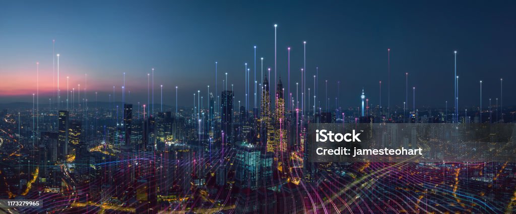Smart city and abstract dot point connect with gradient line Smart city and abstract dot point connect with gradient line and aesthetic Intricate wave line design , big data connection technology concept . City Stock Photo