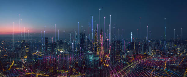 Smart city and abstract dot point connect with gradient line Smart city and abstract dot point connect with gradient line and aesthetic Intricate wave line design , big data connection technology concept . breaking new ground photos stock pictures, royalty-free photos & images