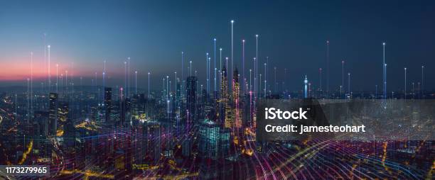 Smart City And Abstract Dot Point Connect With Gradient Line Stock Photo - Download Image Now