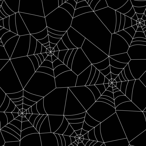 minimale halloween vektor nahtlose muster mit weißen spinne web auf schwarzem hintergrund - spinnennetz stock-grafiken, -clipart, -cartoons und -symbole