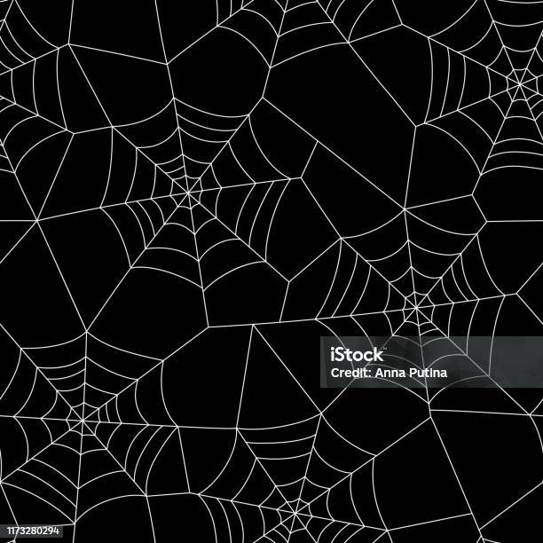 Minimal Halloween Vector Seamless Pattern With White Spider Web On Black Background Stock Illustration - Download Image Now