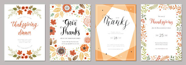 Thanksgiving Cards 06 Thanksgiving greeting cards and invitations. flyer leaflet illustrations stock illustrations