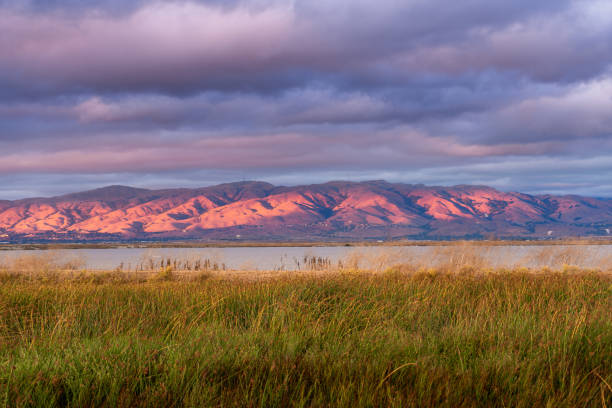 paesaggio al tramonto nella baia di south san francisco, nuvole colorate che coprono il cielo; pendii e cime montuose (parte della catena montuosa di diablo) colorate di rosso dal sole al tramonto; san jose - swamp moody sky marsh standing water foto e immagini stock