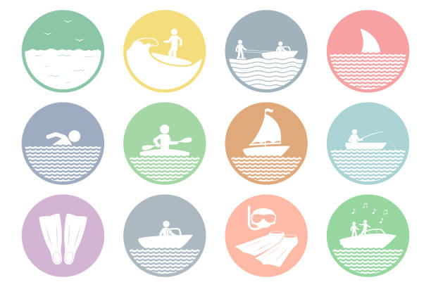 illustrations, cliparts, dessins animés et icônes de ensemble d'icône de sports d'eau. vecteur - nautical vessel journey diving flipper