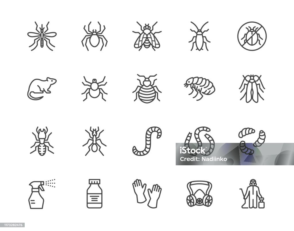 Pest control flat line icons set. Insects - mosquito, spider, fly, cockroach, rat, termite, spray vector illustrations. Outline signs for disinfection service. Pixel perfect 64x64. Editable Strokes Pest control flat line icons set. Insects - mosquito, spider, fly, cockroach, rat, termite, spray vector illustrations. Outline signs for disinfection service. Pixel perfect 64x64. Editable Strokes. Icon stock vector