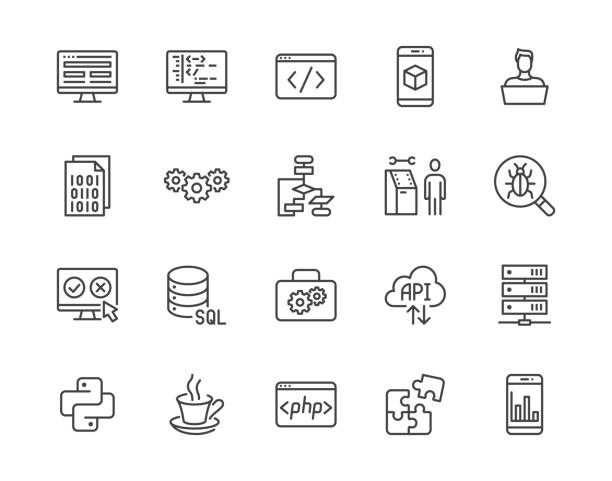 Software development flat line icons set. Programming language, application, api, computer program develop vector illustrations. Outline signs for website design. Pixel perfect 64x64. Editable Stroke Software development flat line icons set. Programming language, application, api, computer program develop vector illustrations. Outline signs for website design. Pixel perfect 64x64. Editable Stroke. computer bug stock illustrations