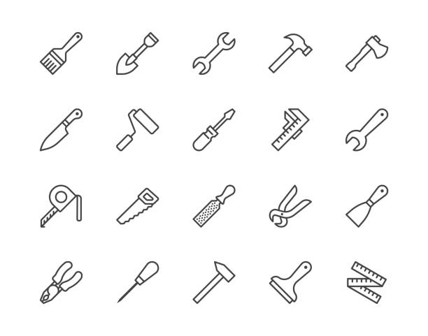 Construction tools flat line icons set. Hammer, screwdriver, saw, spanner, paintbrush vector illustrations. Outline signs for carpenter, builder equipment store. Pixel perfect 64x64. Editable Strokes Construction tools flat line icons set. Hammer, screwdriver, saw, spanner, paintbrush vector illustrations. Outline signs for carpenter, builder equipment store. Pixel perfect 64x64. Editable Strokes. scraper stock illustrations