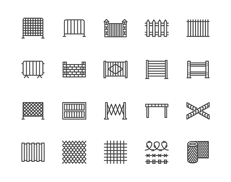 Fence flat line icons set. Wood fencing, metal profiled sheet, wire mesh, crowd control barricades vector illustrations. Outline signs for protection store. Pixel perfect 64x64. Editable Strokes.