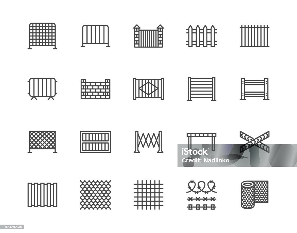 Fence flat line icons set. Wood fencing, metal profiled sheet, wire mesh, crowd control barricades vector illustrations. Outline signs for protection store. Pixel perfect 64x64. Editable Strokes Fence flat line icons set. Wood fencing, metal profiled sheet, wire mesh, crowd control barricades vector illustrations. Outline signs for protection store. Pixel perfect 64x64. Editable Strokes. Icon stock vector