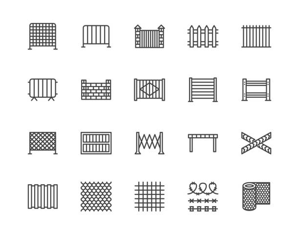 Fence flat line icons set. Wood fencing, metal profiled sheet, wire mesh, crowd control barricades vector illustrations. Outline signs for protection store. Pixel perfect 64x64. Editable Strokes Fence flat line icons set. Wood fencing, metal profiled sheet, wire mesh, crowd control barricades vector illustrations. Outline signs for protection store. Pixel perfect 64x64. Editable Strokes. partition stock illustrations
