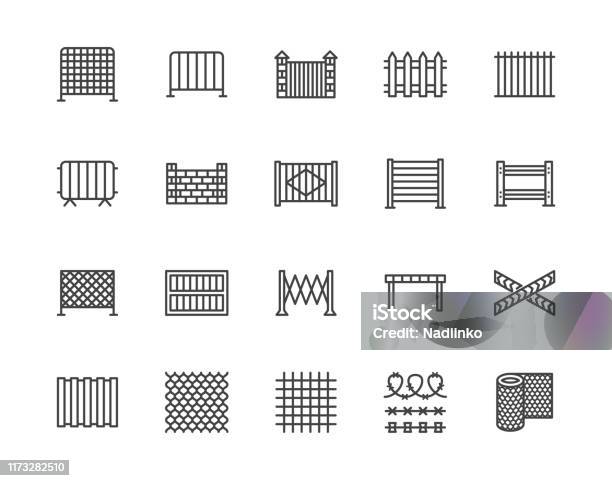Fence Flat Line Icons Set Wood Fencing Metal Profiled Sheet Wire Mesh Crowd Control Barricades Vector Illustrations Outline Signs For Protection Store Pixel Perfect 64x64 Editable Strokes Stock Illustration - Download Image Now