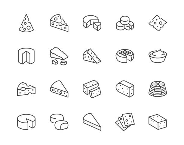 ikon garis datar keju diatur. parmesan, mozzarella, yogurt, belanda, ricotta, mentega, ilustrasi vektor keju biru. garis besar tanda-tanda untuk toko produk susu. pixel sempurna 64x64. goresan yang dapat diedit - keju ilustrasi stok