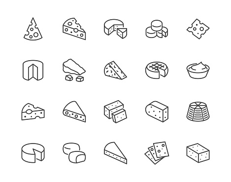 Cheese flat line icons set. Parmesan, mozzarella, yogurt, dutch, ricotta, butter, blue chees piece vector illustrations. Outline signs for dairy product store. Pixel perfect 64x64. Editable Strokes.