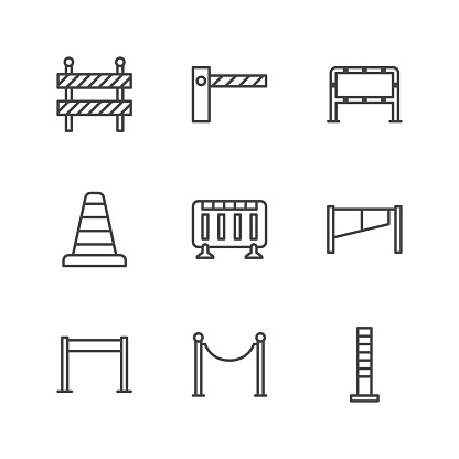Roadblock flat line icons set. Barrier, crowd control barricades, rope stanchion vector illustrations. Outline signs for pedastrian safety, roadwork. Pixel perfect 64x64. Editable Strokes.
