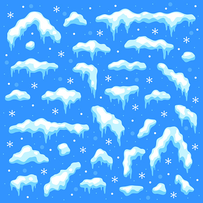 Snow caps. Snowballs and snowdrifts, snowfall and snowflakes. Winter decoration christmas elements cartoon vector set