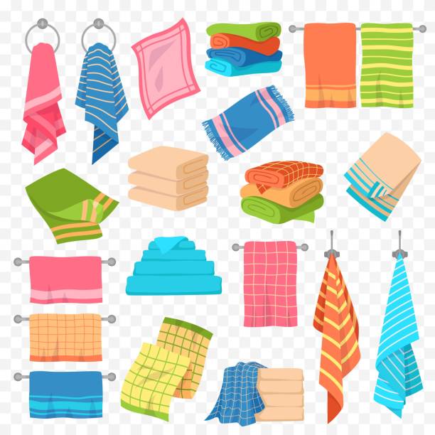 Cartoon towel. Kitchen, beach and bath hanging or stacked towels. Rolls for spa hygiene, textile objects colorful vector collection Cartoon towel. Kitchen, beach and bath hanging and stacked towels. Rolls for spa hygiene textile objects colorful vector cotton softness terry fluffy towel collection washcloth stock illustrations