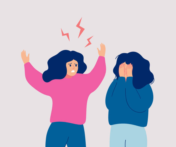 An angry woman screams at a crying woman who covers her face with her hands. An angry woman screams at a crying woman who covers her face with her hands. People during conflict or disagreement. Flat cartoon vector illustration. aggression illustrations stock illustrations