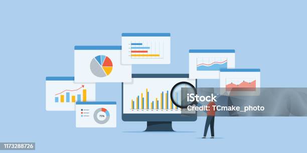 Business People Analytics And Monitoring Investment And Finance Report Graph On Monitor Concept Stock Illustration - Download Image Now