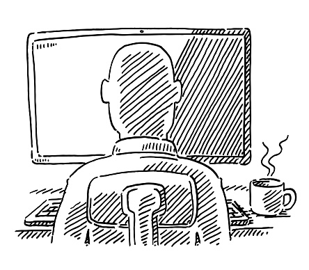 Hand-drawn vector drawing of a Man Sitting At A Computer, Rear View. Black-and-White sketch on a transparent background (.eps-file). Included files are EPS (v10) and Hi-Res JPG.