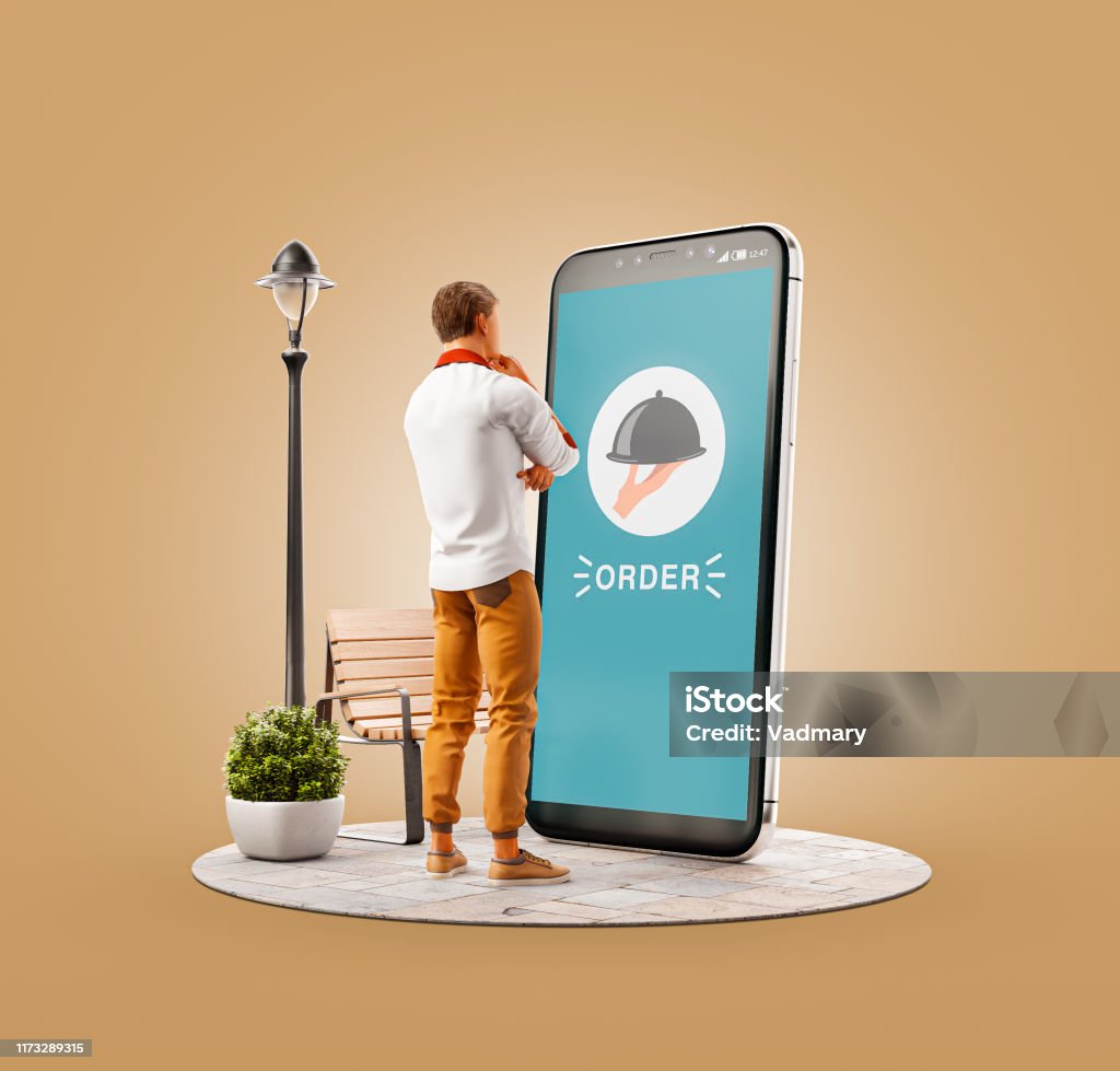 Unusual 3d illustration smart phone application Unusual 3d illustration of a young man standing at big smartphone and ordering food. Food Delivery apps concept. Online restaurant food. Food Stock Photo