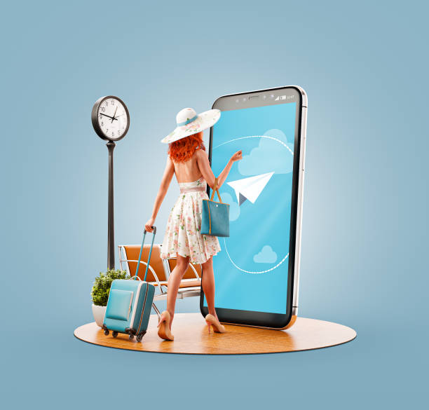 Unusual 3d illustration smart phone application Unusual 3d illustration of a young woman with travel suitcase goes to big smartphone screen and using smart phone application. Smartphone travel apps concept. Searching flights and hotel reservation airplane ticket photos stock pictures, royalty-free photos & images