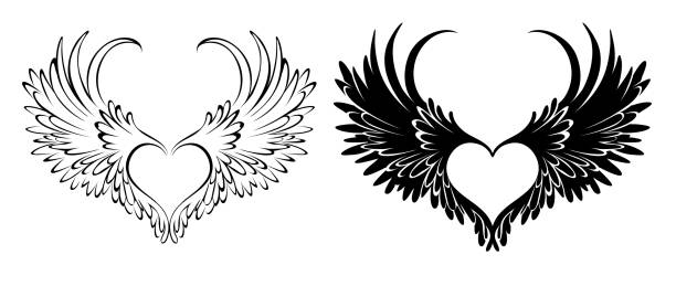 Two angel hearts Two artistically drawn in tattoo style, angel hearts with wings on white background. costume wing stock illustrations