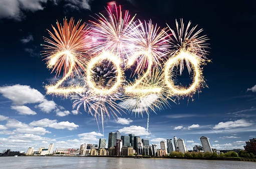 fireworks in london for 2020 new year in canary wharf