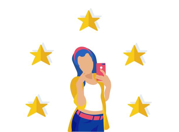 illustrations, cliparts, dessins animés et icônes de fille faisant le selfie sur le téléphone entouré par des étoiles - ranking rank number financial figures