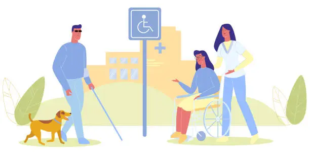 Vector illustration of Blind Man with Dog.Nurse with Woman in Wheelchair