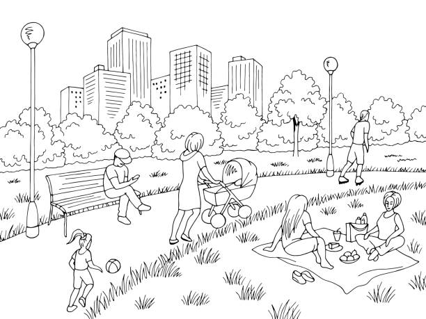 parklandschaft grafik schwarz weiße stadt skizze abbildung vektor - scenics pedestrian walkway footpath bench stock-grafiken, -clipart, -cartoons und -symbole
