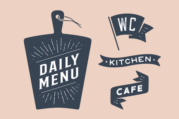 установите винтажную графику и типографику. настенный декор, плакат, вывеска, дизайн кухни - pattern design sign cafe stock illustrations