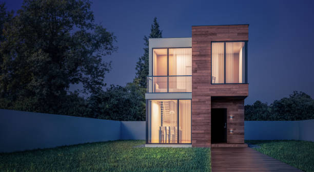 빛나는 창문 3d 삽화와 밤에 나무 판자 외부 현대 작은 광장 집 - the end wood timber construction 뉴스 사진 이미지