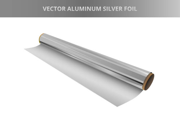 векторная иллюстрация рулона серебряной алюминиевой фольги. элемент упаковки кухни, горячая штамповочная фольга или другой. значок изолир - rolled up foil paper gray stock illustrations