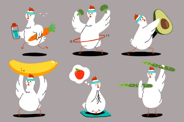 nettes huhn macht übung. gesundes essen und fitness. lustige vögel mit obst und gemüse cartoon-figuren vektor-set. - food cartoon vegetable running stock-grafiken, -clipart, -cartoons und -symbole