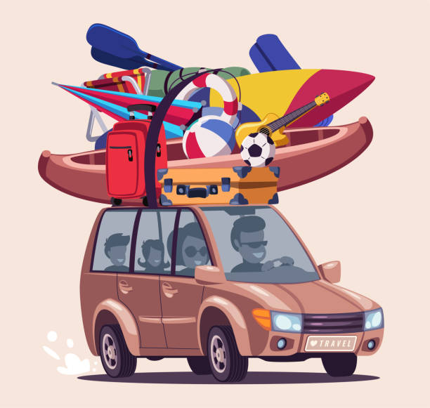 Summer vacation journey flat vector illustration Summer vacation journey flat vector illustration. Road trip adventure. Family travelling by car with active rest equipment. Extreme sports accessories on vehicle roof top isolated on beige background family trips stock illustrations