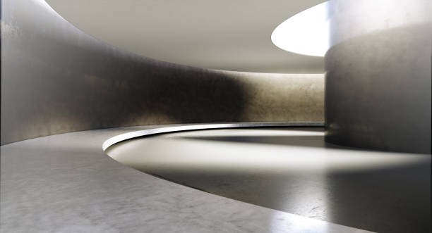 zeitgenössisches und futuristisches leeres interieur mit natürlichem licht an der betonwand und reflexionen auf dem boden. konzept der innenarchitektur und architektur. 3d-rendering - concret stock-fotos und bilder