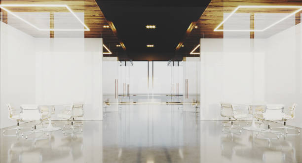 istock Contemporary office interior with panoramic windows and meeting rooms. 3D rendering. 1173306778