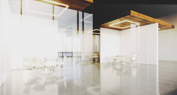 istock Contemporary office interior with panoramic windows and meeting rooms. 3D rendering. 1173306982