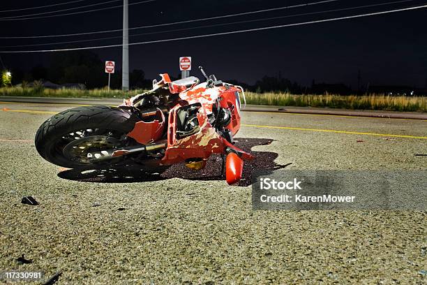 Closeup Of Wrecked Red Motorcycle On Side Of Road Stock Photo - Download Image Now - Motorcycle, Crash, Misfortune