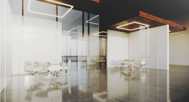 istock Contemporary office interior with panoramic windows and meeting rooms. 3D rendering. 1173309902