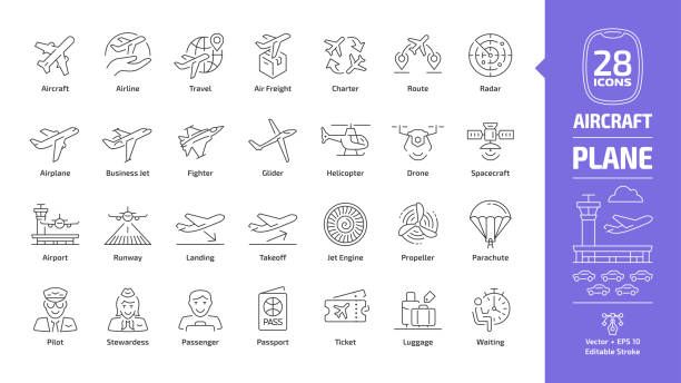 Aircraft outline icon set with flight plane editable stroke symbol: airline, travel, air freight, charter, route, radar, airplane, business jet, military fighter, glider, helicopter, drone, spacecraft Aircraft outline icon set with flight plane editable stroke symbol: airline, travel, air freight, charter, route, radar, airplane, business jet, military fighter, glider, helicopter, drone, spacecraft airport stock illustrations