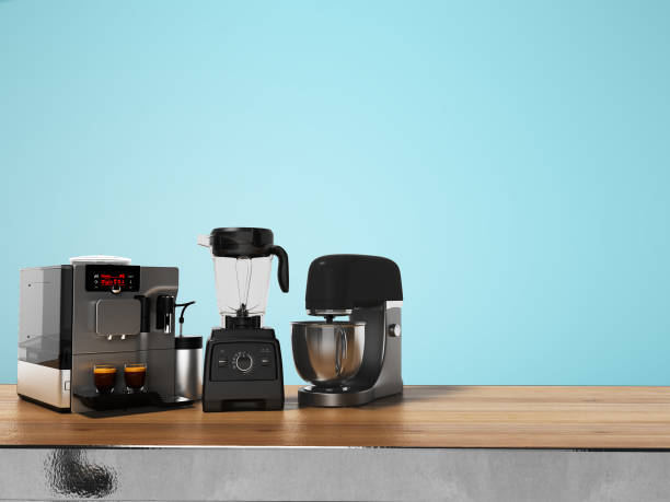 istock Group of kitchen appliances automatic professional coffee machine toaster mixer on the table 3d render on blue background with shadow 1173314261