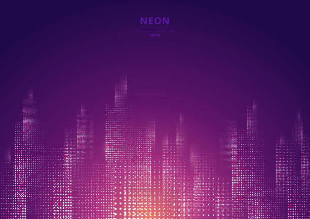 Cityscape on a dark background with bright and glowing neon purple and yellow lights. Cityscape on a dark background with bright and glowing neon purple and yellow lights. Futuristic night city. Cyberspace and retro style. Vector illustration technology silhouettes stock illustrations