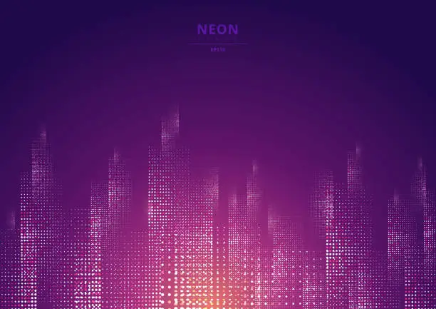 Vector illustration of Cityscape on a dark background with bright and glowing neon purple and yellow lights.