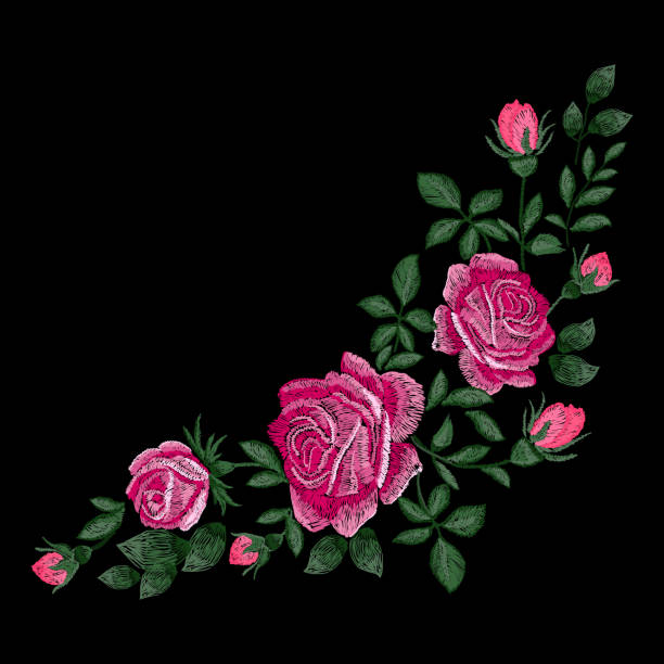 istock Red roses embroidery on black background. Bouquet of flowers. 1173323085