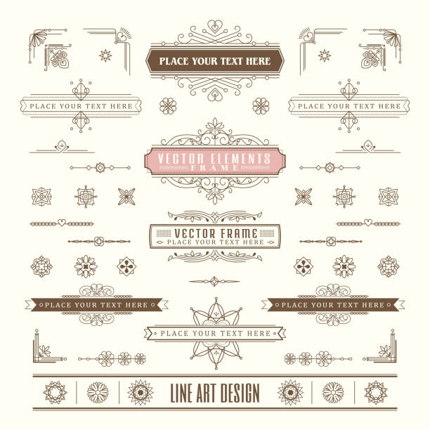 Set of linear thin line art deco retro vintage design elements with frame corner badge in geometric shape