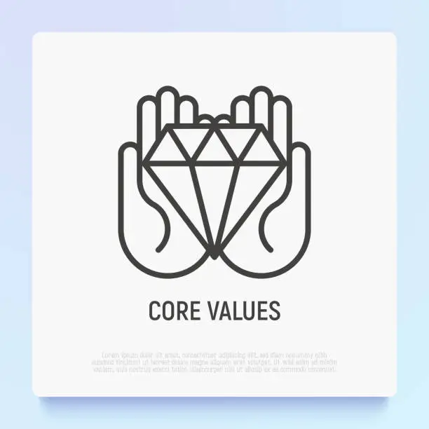 Vector illustration of Core values thin line icon: diamond in hands. Modern vector illustration.
