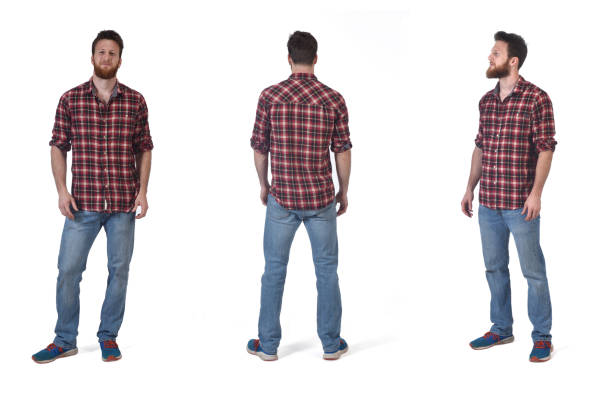 portrait on white background front, back and  profile with a man with  plaid shirt on white background length stock pictures, royalty-free photos & images