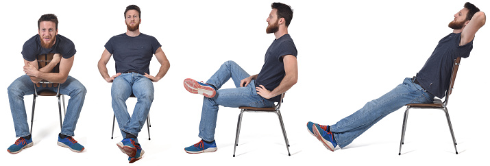 a man sitting in various ways in a chair
