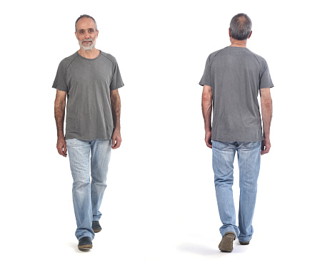 Man front and back walking on white background